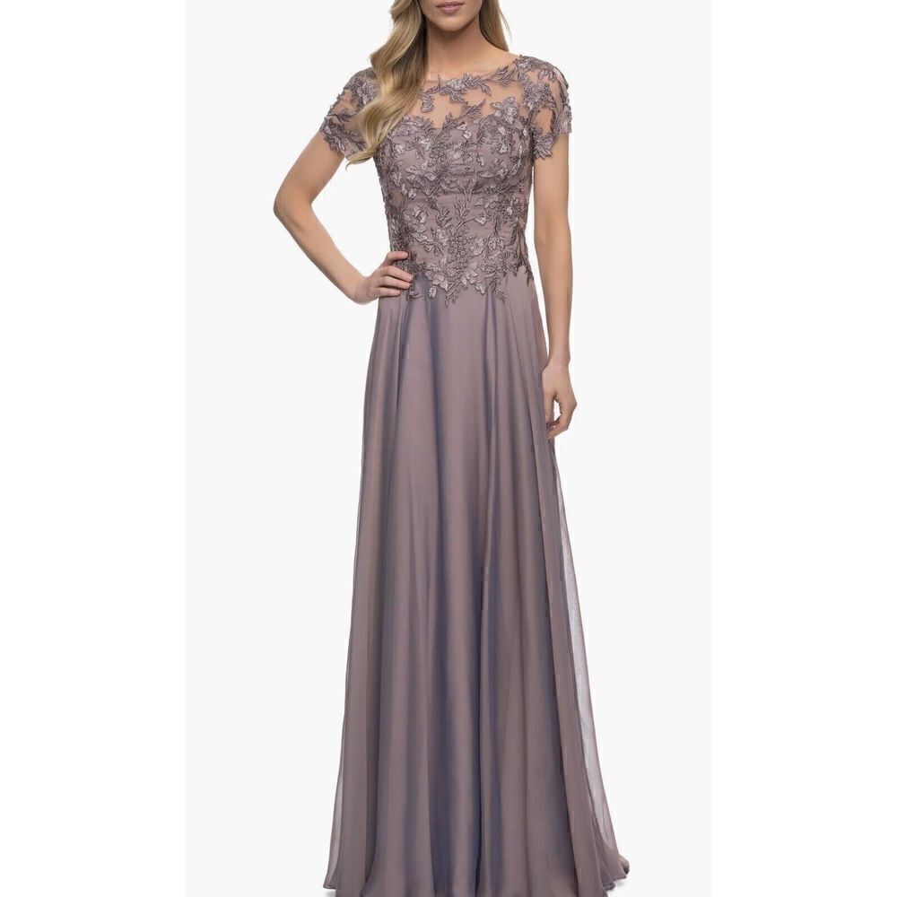 La Femme Floral Embroidery Chiffon Column Gown in Dark Mauve, Size 4. NWT. $535